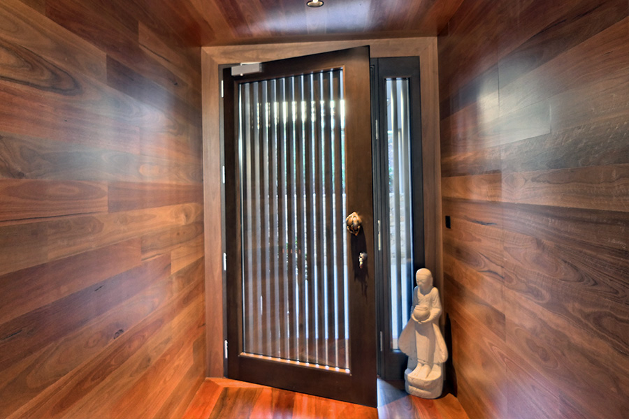 Entrance door, double glazed with battens for privacy